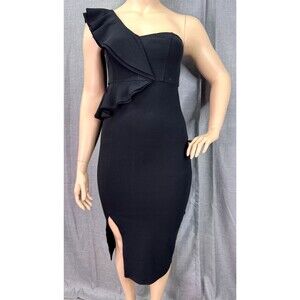 Rory One Shoulder Black Ruffle Cocktail Dress Women's Size L Black